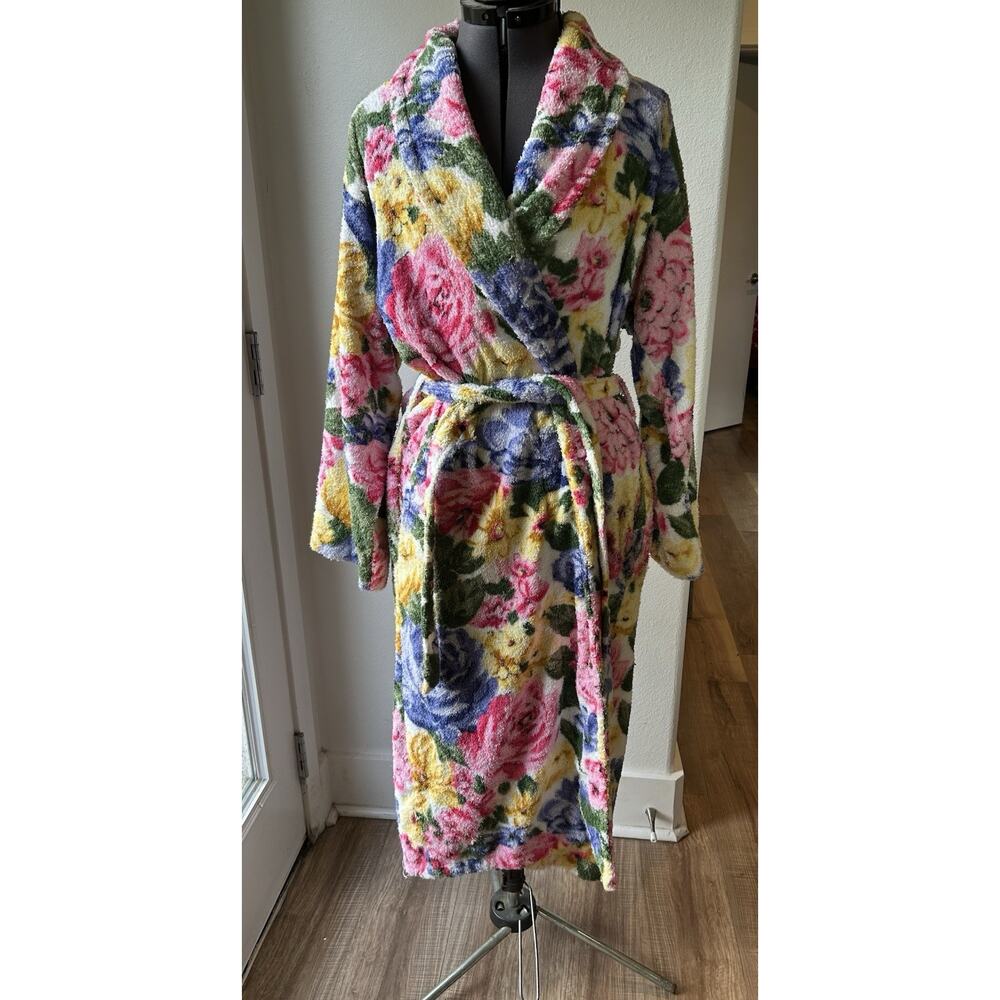 Fredericks of Hollywood Turkish Cotton Terry Floral Bath Robe Vintage 80s GUC